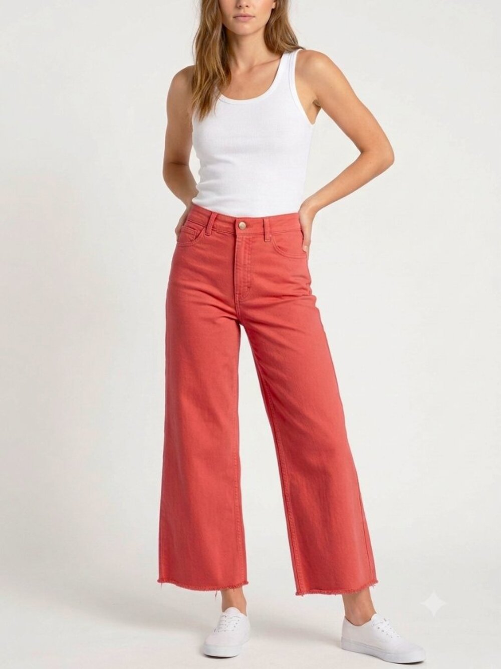 Billabong High Rise Wide Leg Ankle Jeans 31 Orange Coral Raw Hem NWT